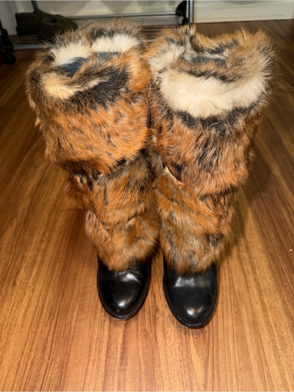 UGG Brown Black Faux Fur Mid-Calf Heeled Boots